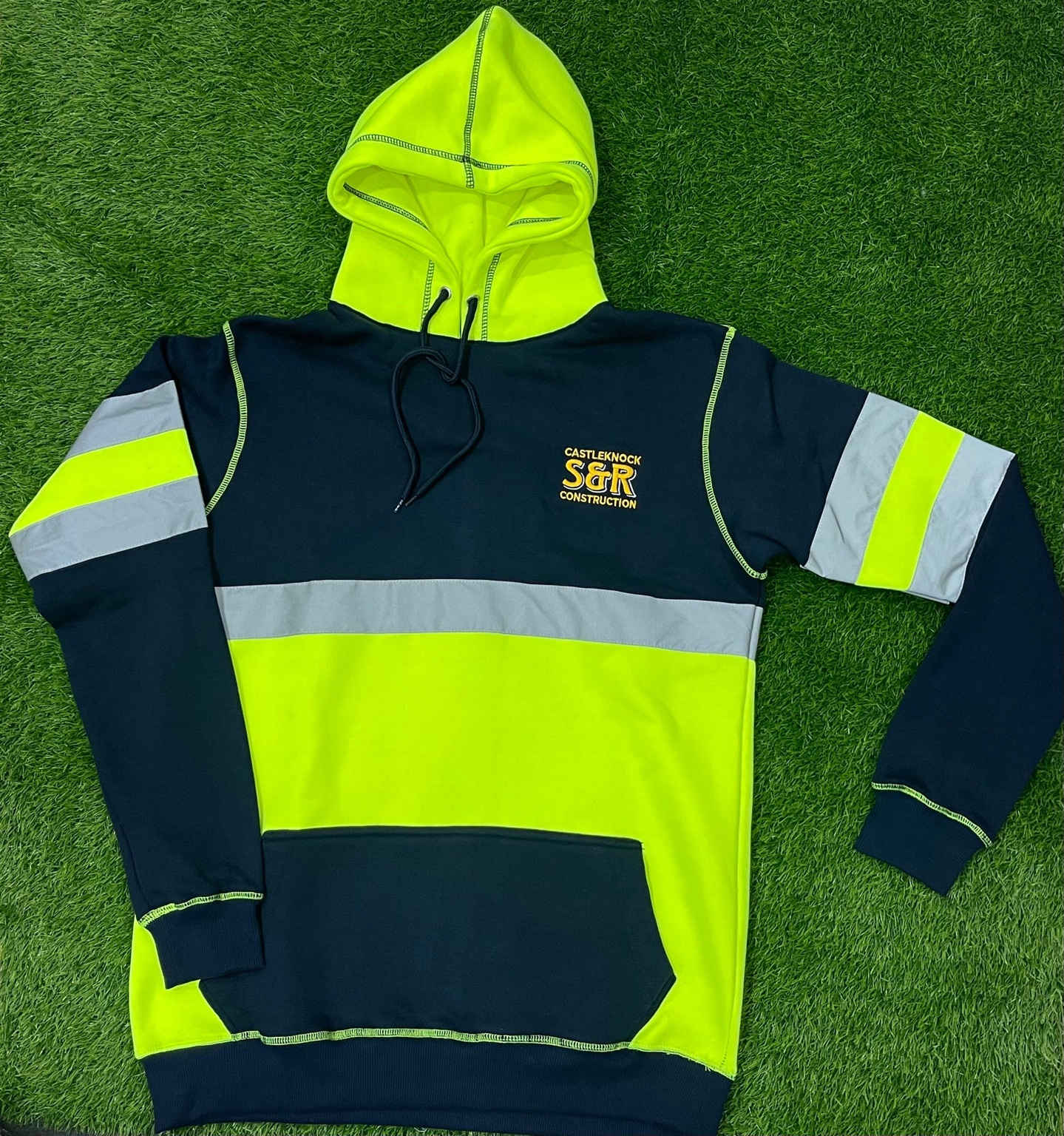 Navy and high-visibility yellow panelled hoodie
