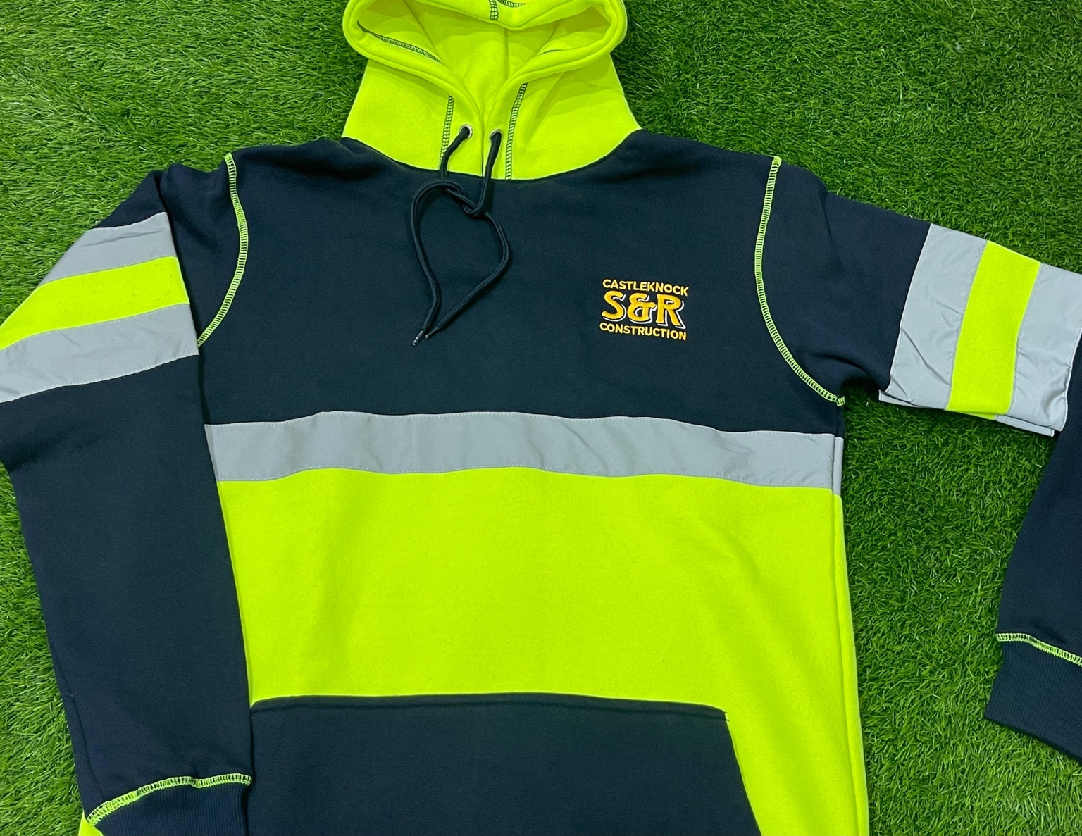 Navy and high-visibility yellow custom team hoodie