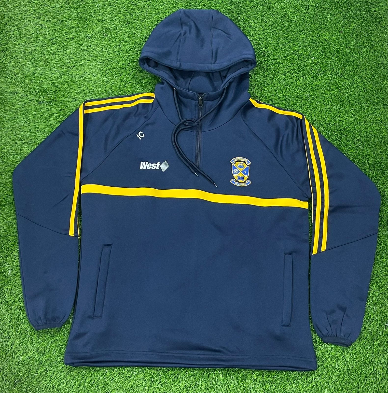 Navy custom team hoodie with yellow piping
