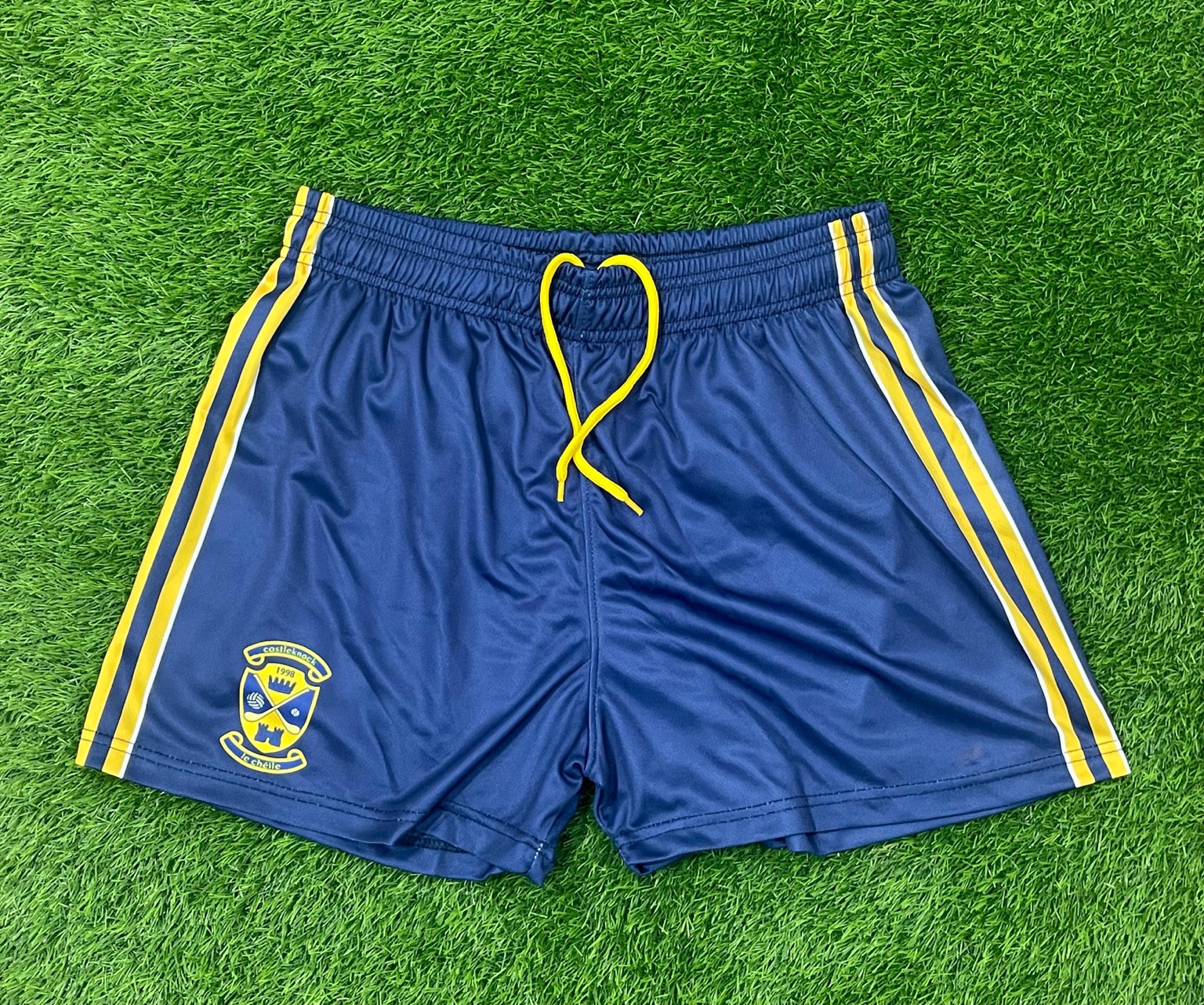 Navy custom sports shorts with yellow trim
