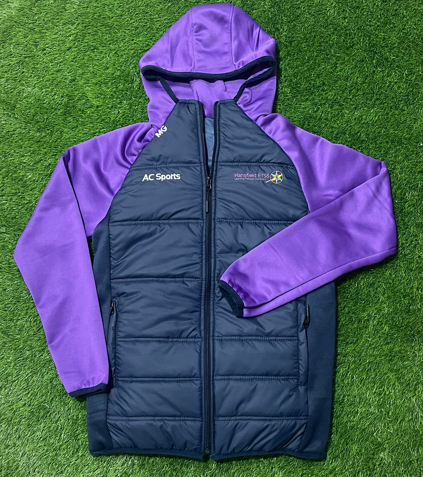Purple and navy custom hooded team jacket